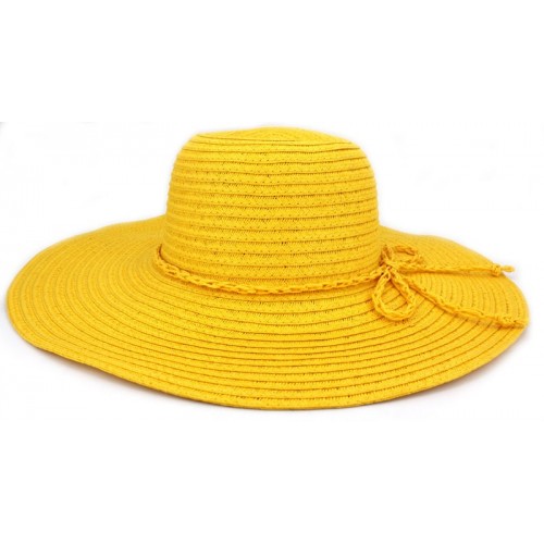Wide Brim Hat - Straw Hat- Paper Straw Hat w/ Lace Band - Yellow - HT-ST1160YE